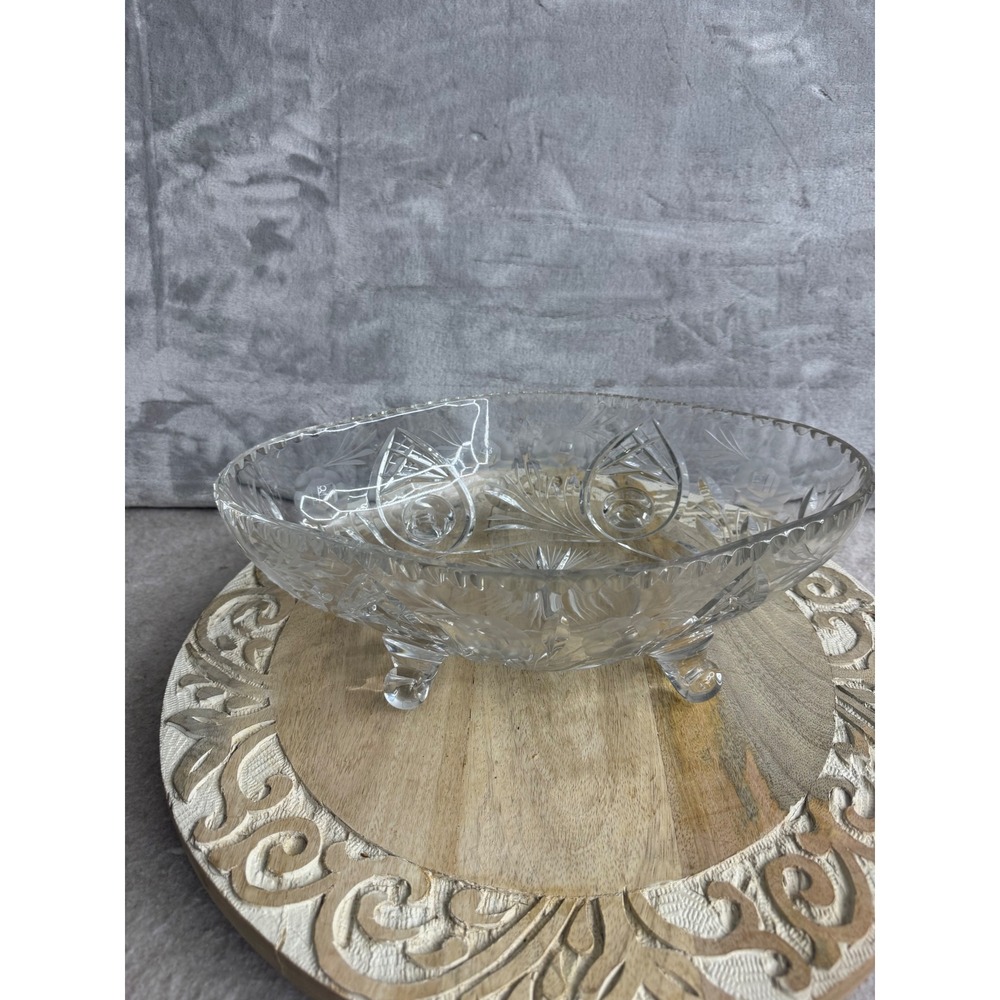 Vintage Cut Crystal‎ Floral Footed Oval Centerpiece Bowl Scalloped Rim 11 Inch